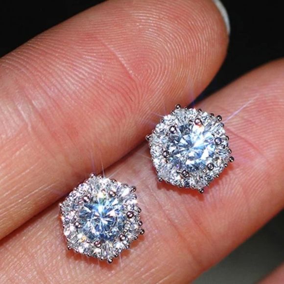 Unisex 2 CT 925 Sterling Silver Diamond Hexagon Pierced Stud Earrings - Picture 8 of 9